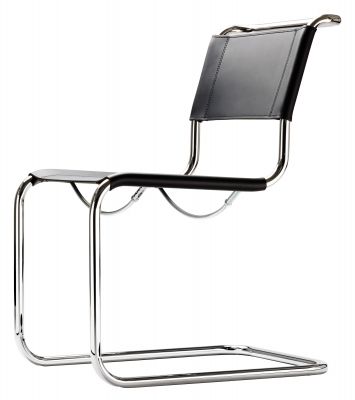 S 33 Freischwinger Thonet Stuhl mit schwarzem Leder und verchromtem Stahlrohr Gestell.
